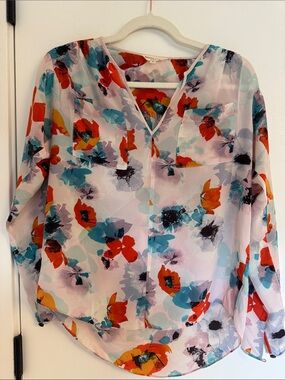 Rebecca Taylor Sheer Floral V-Neck Blouse - Red, Teal, Yellow
